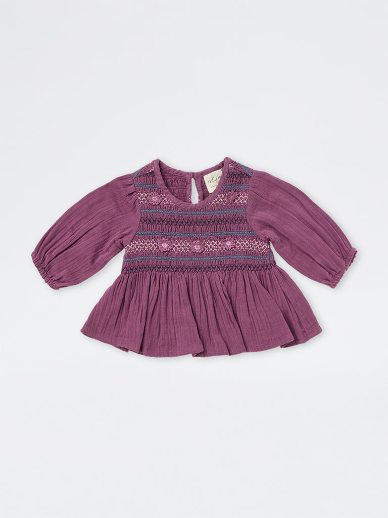 Utsa Kids Girls Purple Embroidered Cotton Peplum Top- (2-8 yrs)