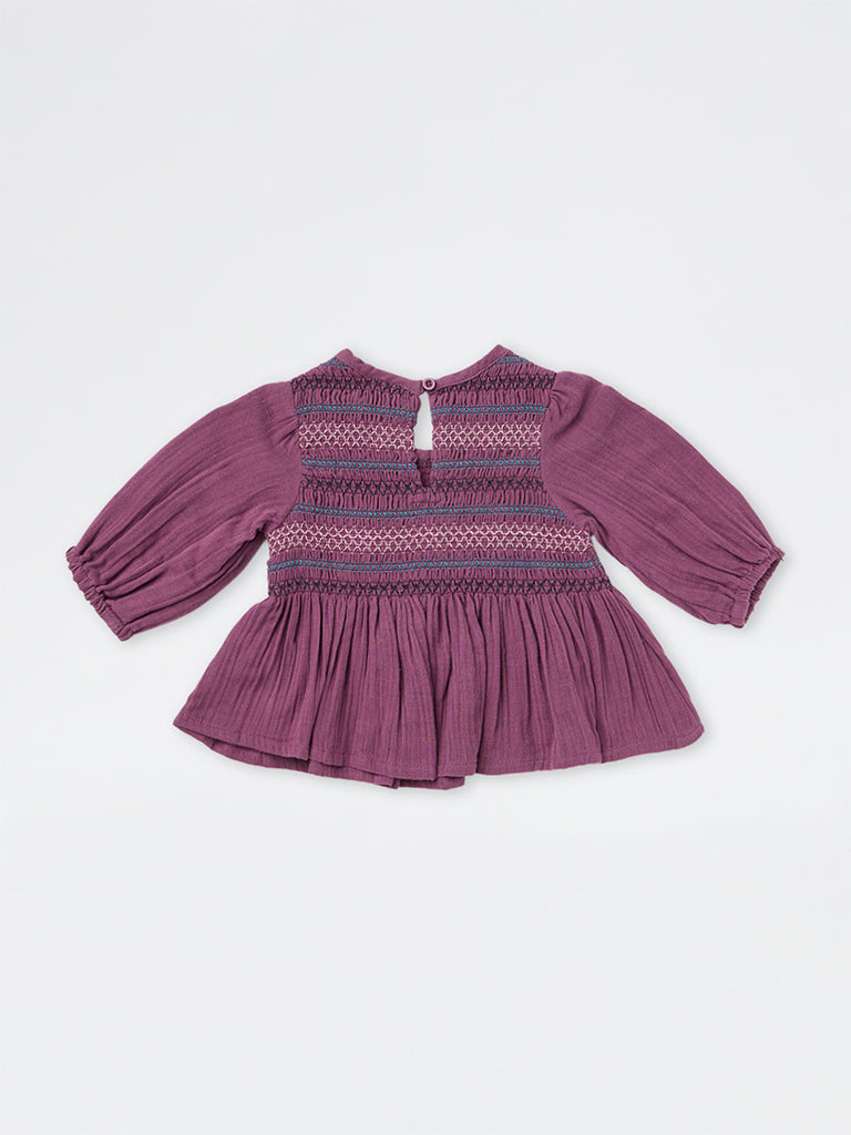 Utsa Kids Girls Purple Embroidered Cotton Peplum Top- (2-8 yrs)