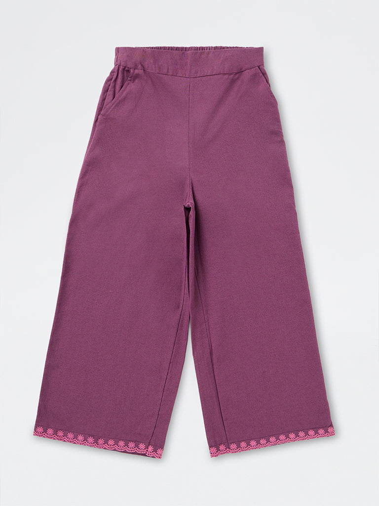 Utsa Kids Girls Purple Floral Embroidered Cotton-Blend Ethnic Pants -  (8-14 yrs)