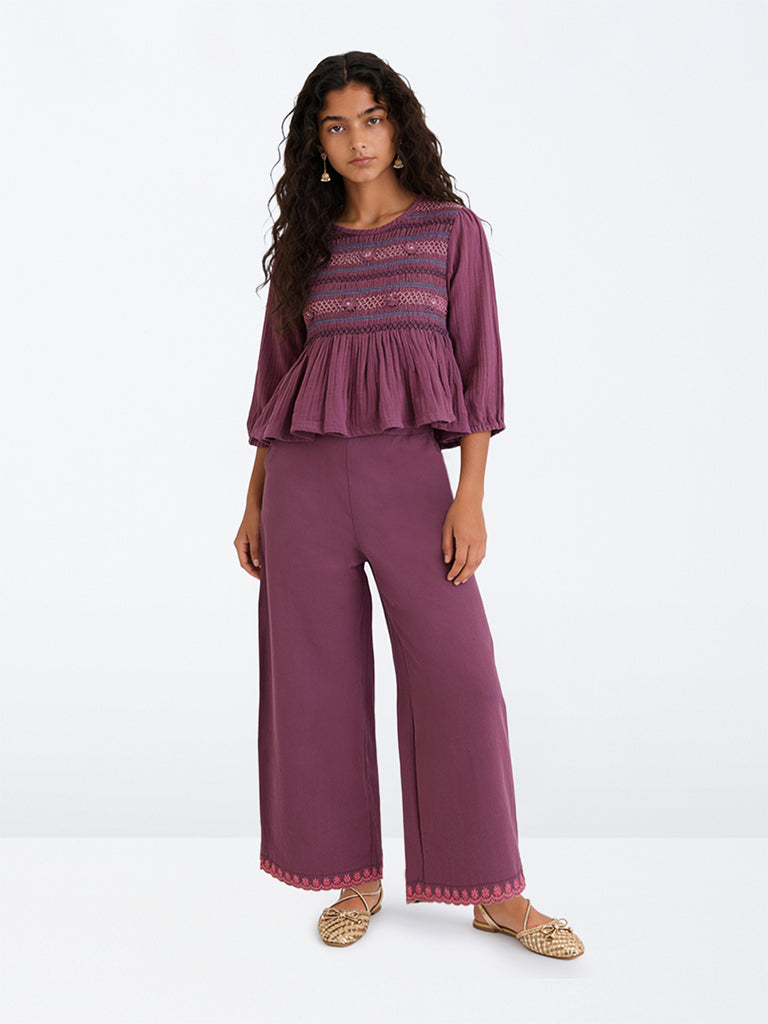 Utsa Kids Girls Purple Floral Embroidered Cotton-Blend Ethnic Pants -  (8-14 yrs)