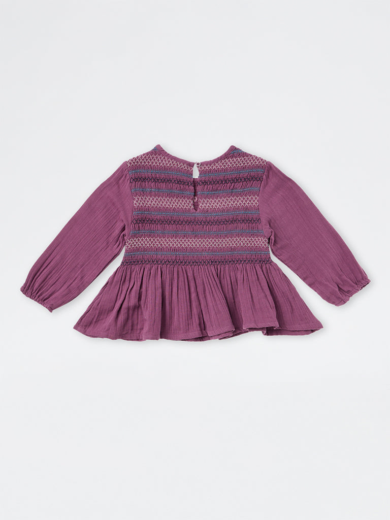 Utsa Kids Girls Purple Embroidered Cotton Peplum Top - (8-14 yrs)