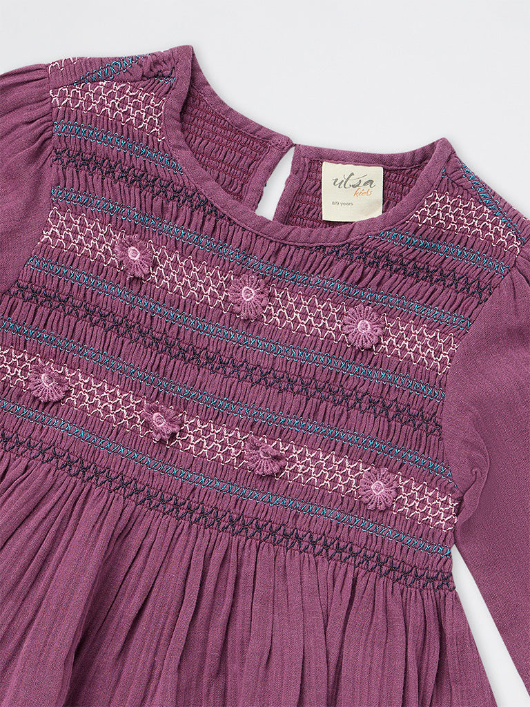 Utsa Kids Girls Purple Embroidered Cotton Peplum Top - (8-14 yrs)