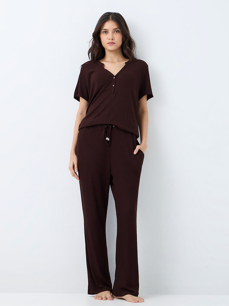 Wunderlove Dark Brown Ribbed High-Rise Pants
