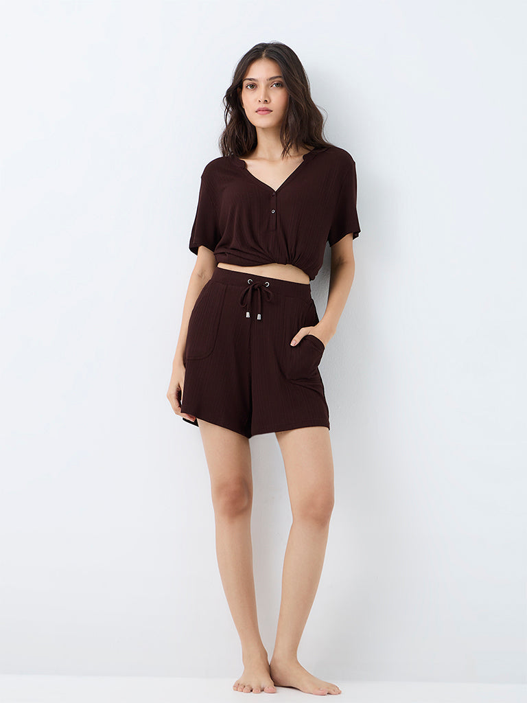 Wunderlove Dark Brown Ribbed High-Rise Shorts