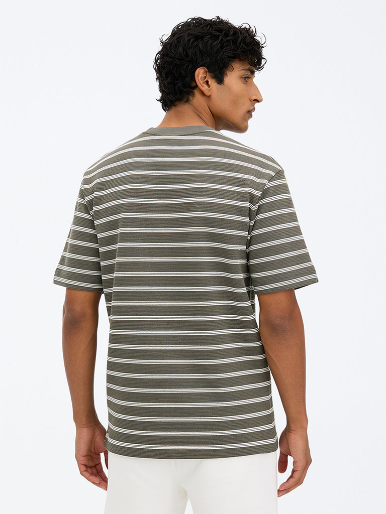 WES Lounge Olive Striped Relaxed-Fit Cotton-Blend T-Shirt