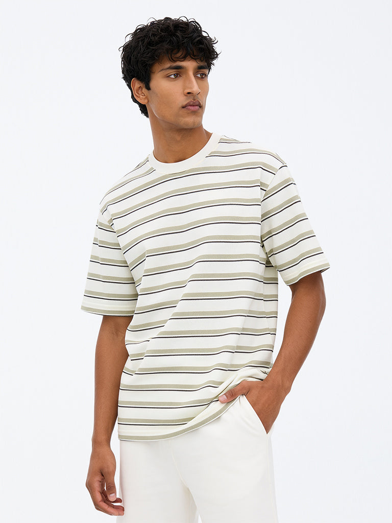 WES Lounge Off-White Striped Relaxed-Fit Cotton-Blend T-Shirt