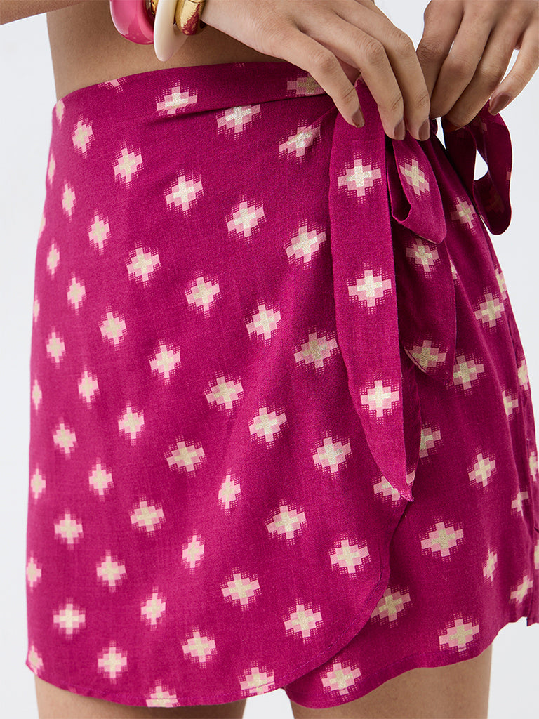 Bombay Paisley Magenta Printed Wrap-Style High-Rise Skirt