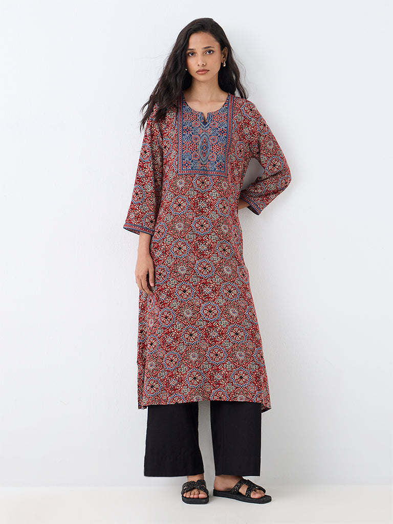 Utsa Red Floral Printed A-Line Kurta