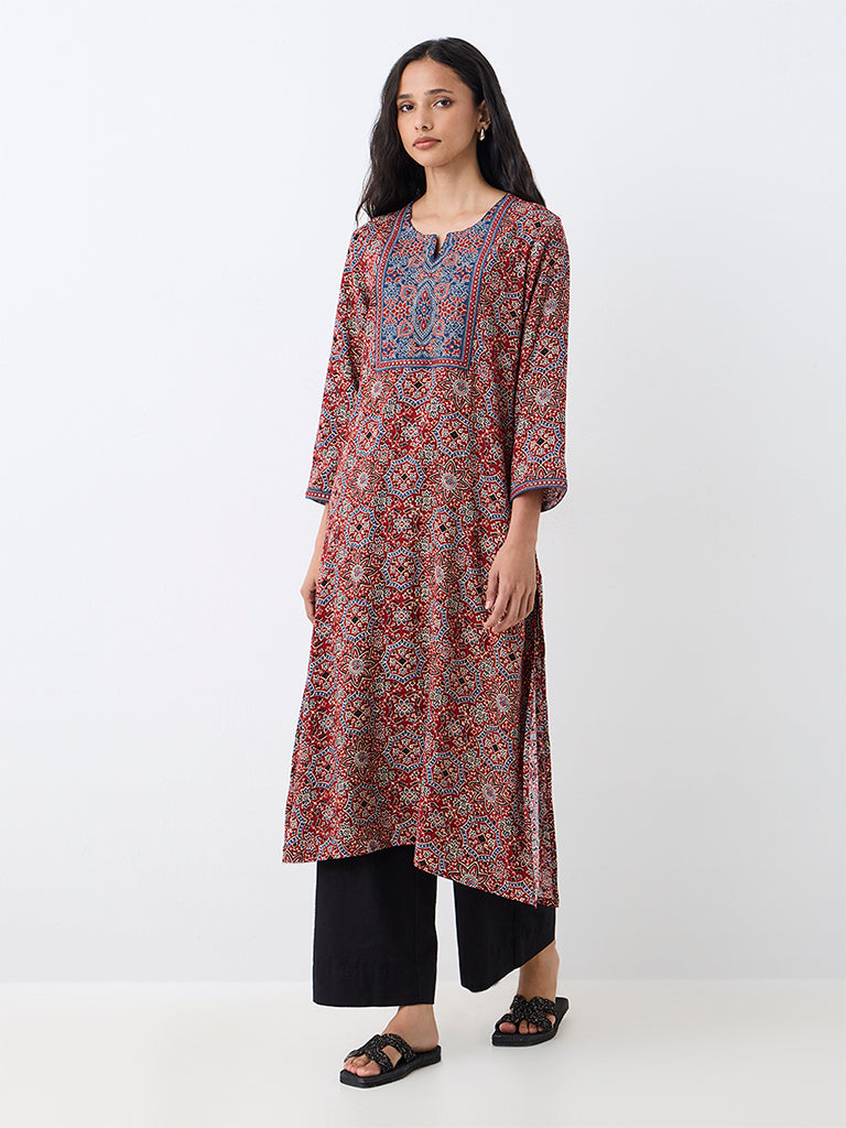 Utsa Red Floral Printed A-Line Kurta