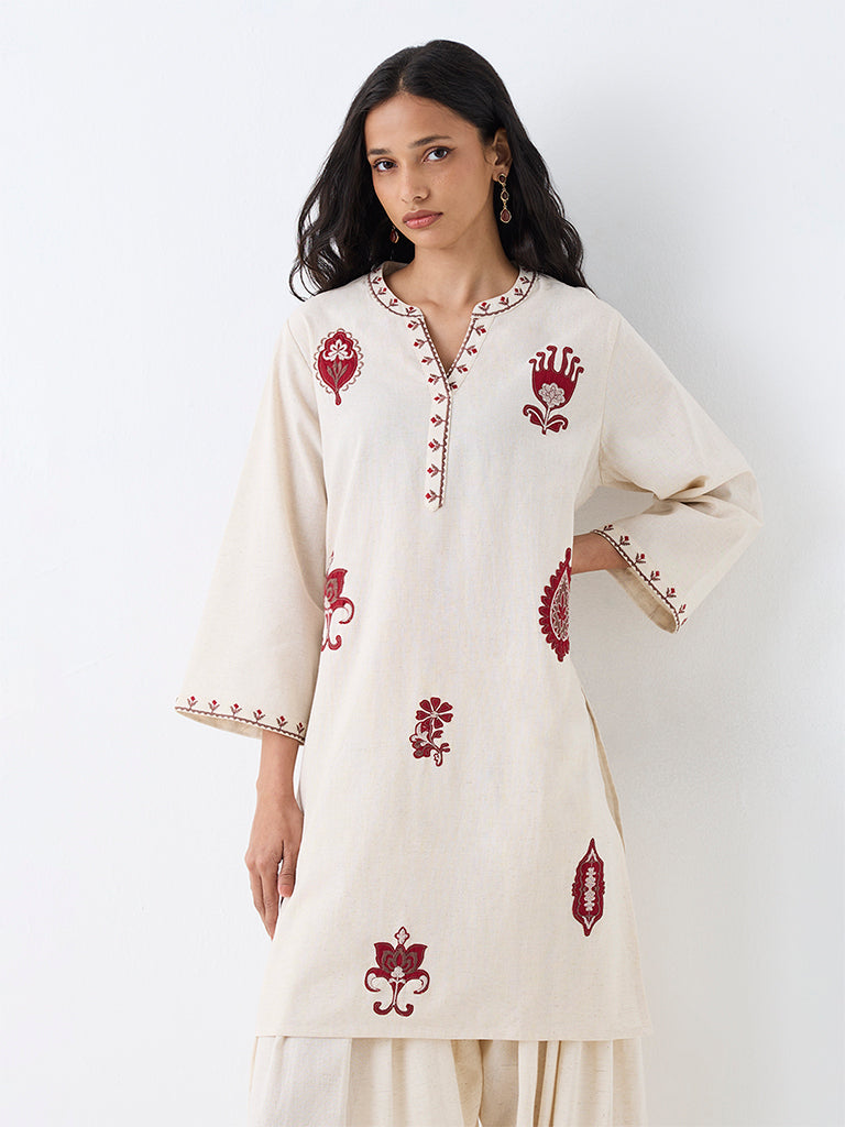 Utsa Off-White Floral Embroidered Cotton-Blend A-Line Kurta