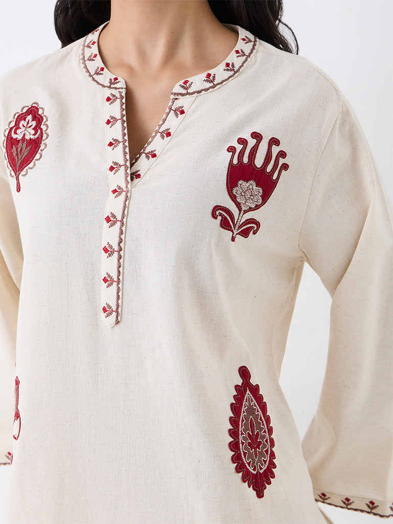 Utsa Off-White Floral Embroidered Cotton-Blend A-Line Kurta