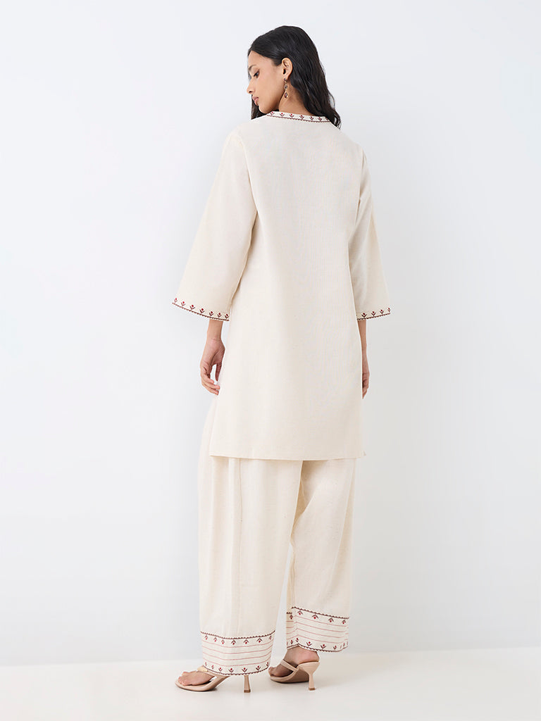 Utsa Off-White Floral Embroidered Cotton-Blend A-Line Kurta