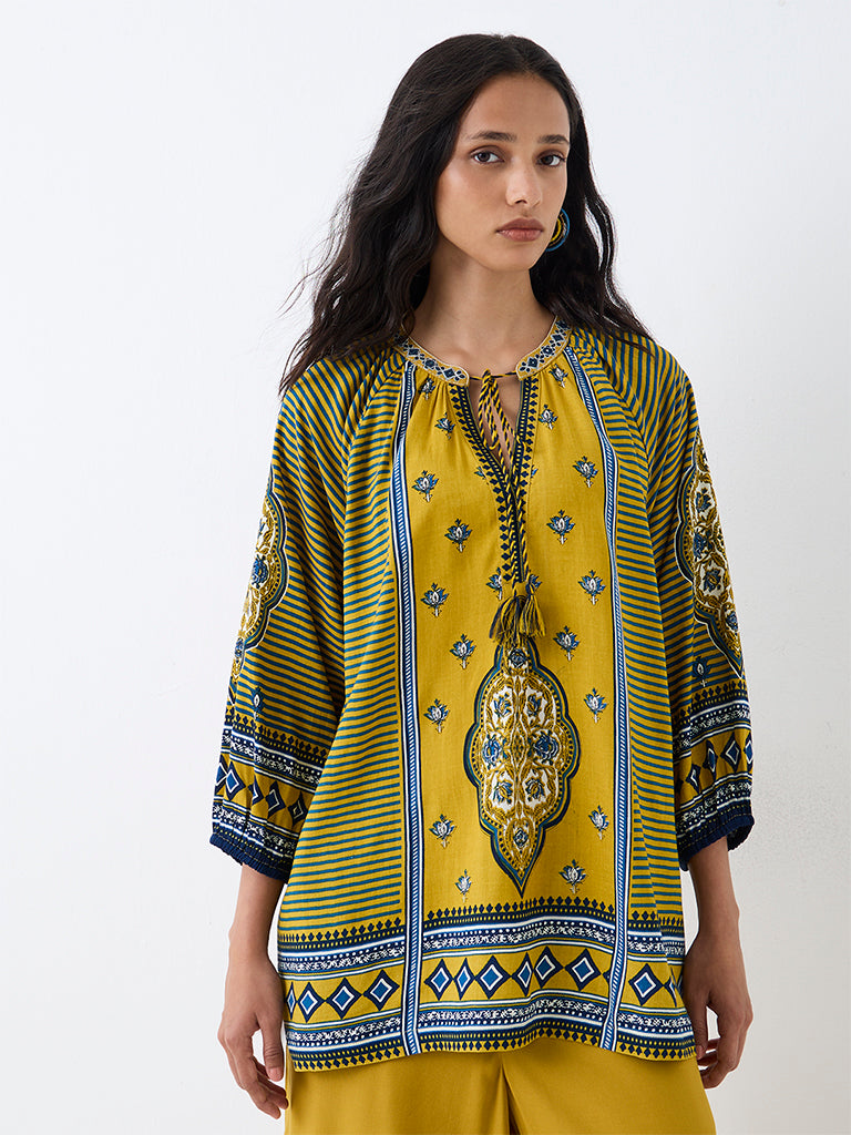 Utsa Yellow Printed Tie-Up Detail Tunic
