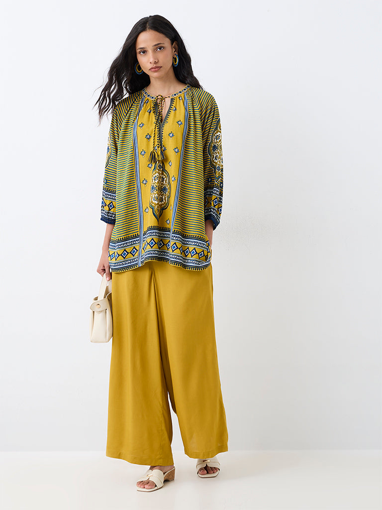 Utsa Yellow Printed Tie-Up Detail Tunic
