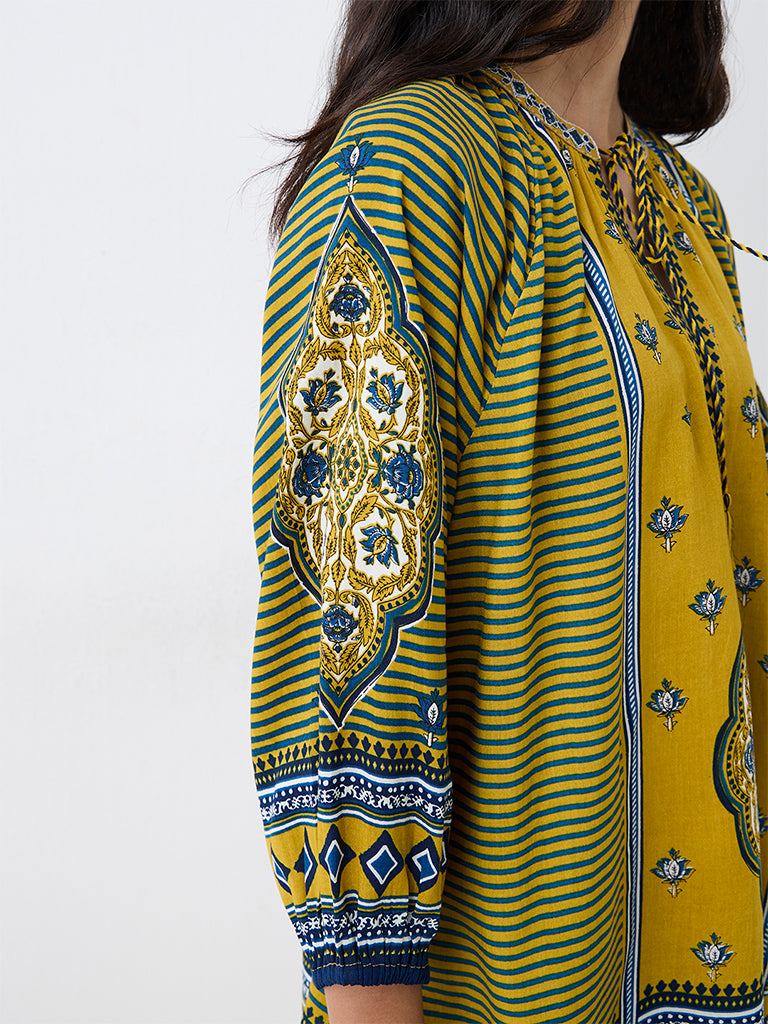 Utsa Yellow Printed Tie-Up Detail Tunic