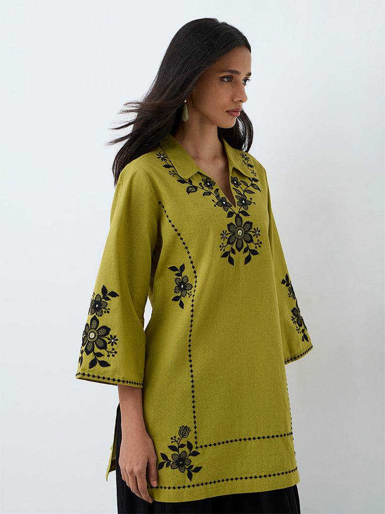 Utsa Lime Floral Embroidered Cotton-Blend A-Line Kurti