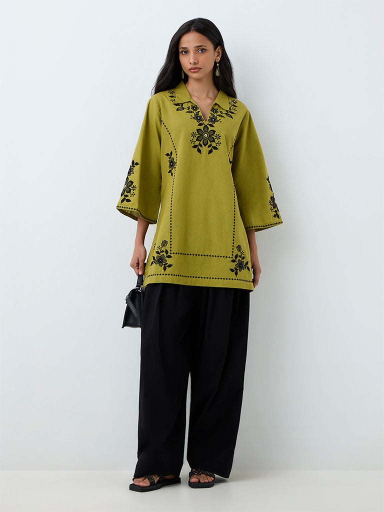 Utsa Lime Floral Embroidered Cotton-Blend A-Line Kurti