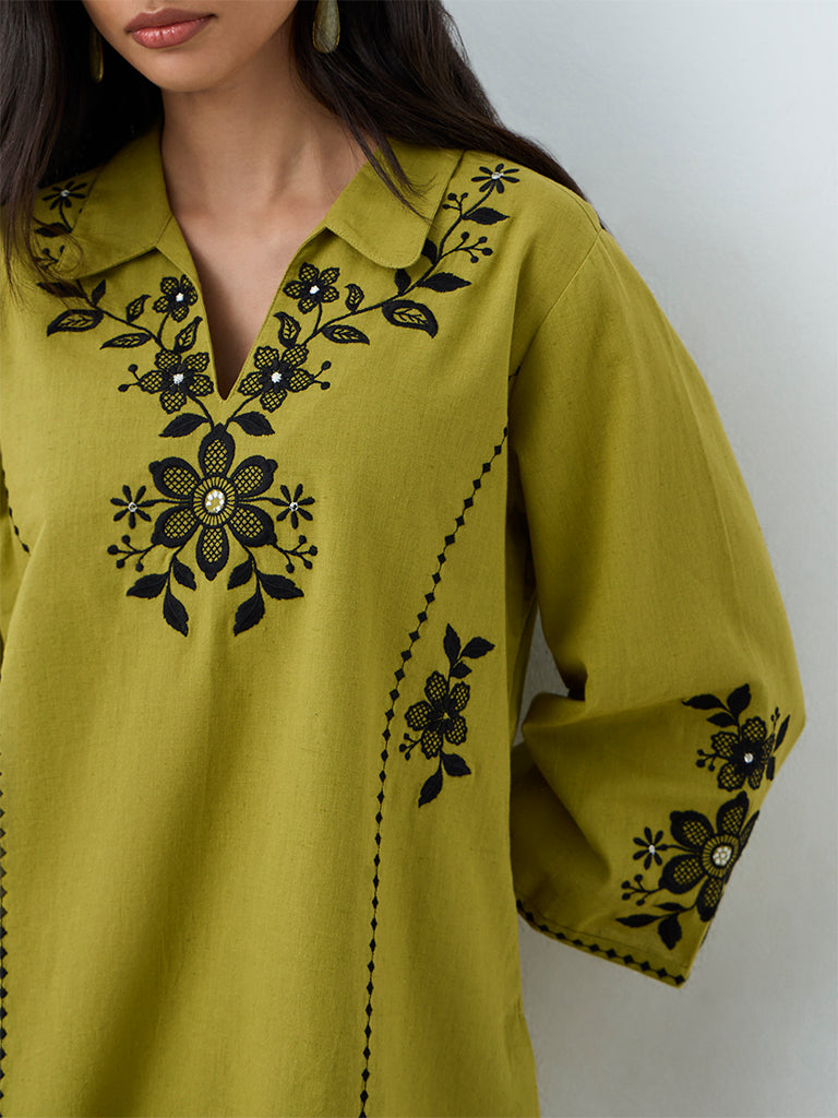 Utsa Lime Floral Embroidered Cotton-Blend A-Line Kurti