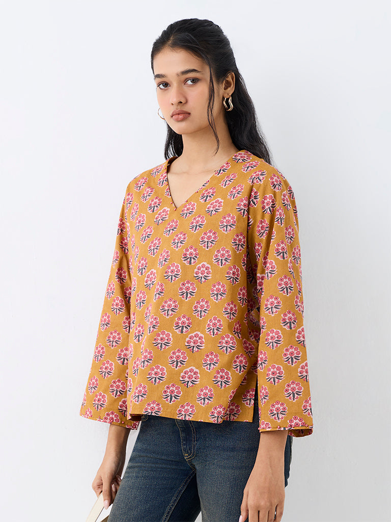 Utsa Mustard Floral Printed Tunic