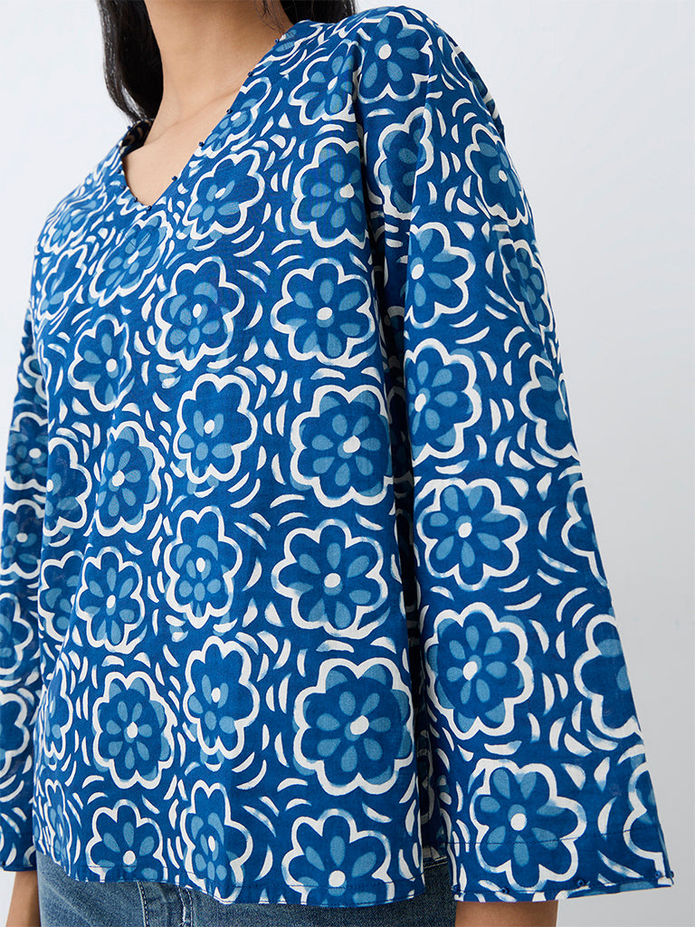 Utsa Dark Blue Floral Printed Cotton Tunic