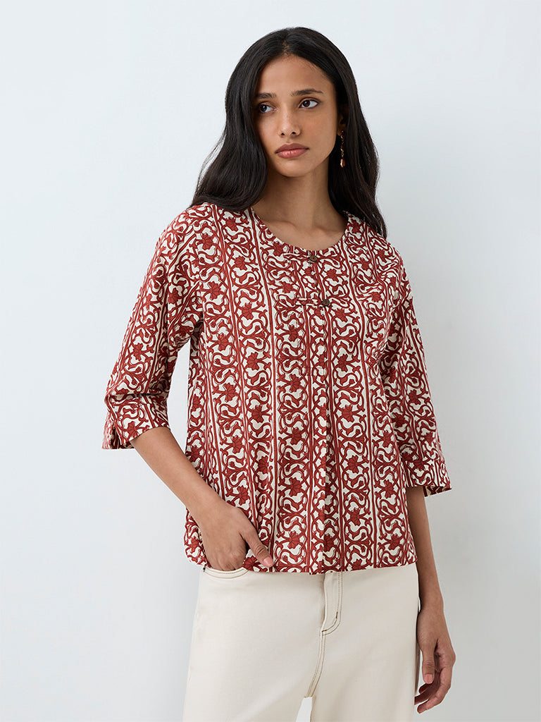 Utsa Red Foliage Pattern Cotton Tunic