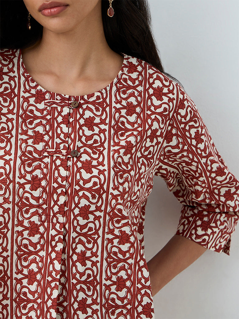 Utsa Red Foliage Pattern Cotton Tunic