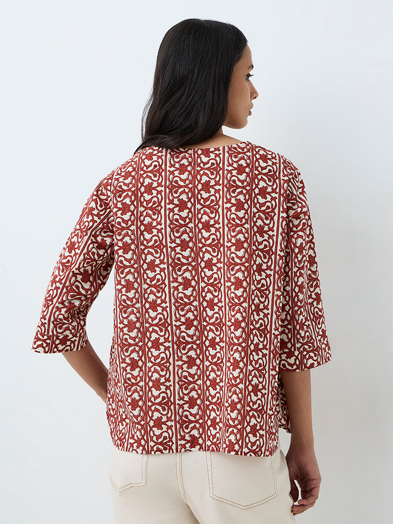 Utsa Red Foliage Pattern Cotton Tunic