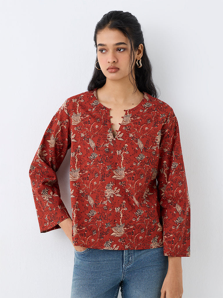 Utsa Red Floral Printed Cotton Tunic