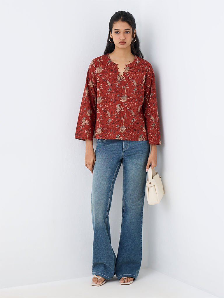 Utsa Red Floral Printed Cotton Tunic