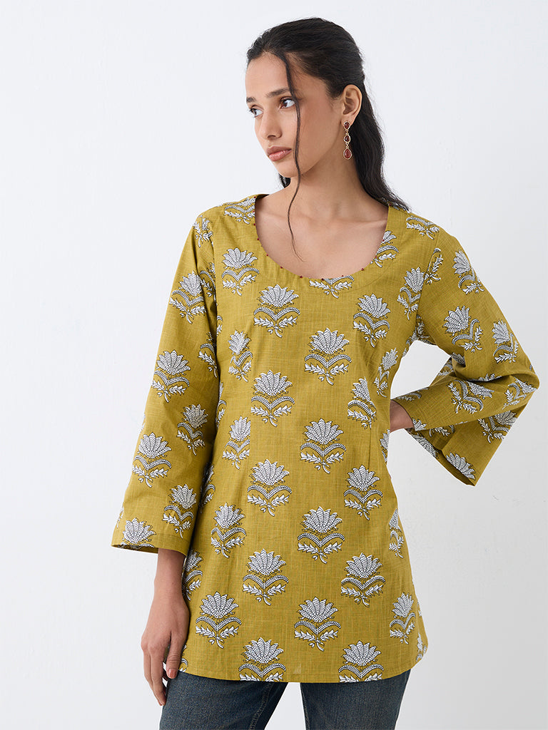 Utsa Mustard Floral Printed Cotton Kurti