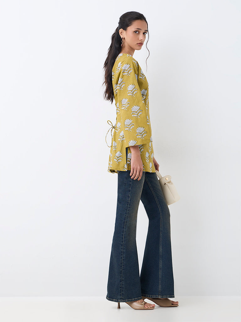 Utsa Mustard Floral Printed Cotton Kurti
