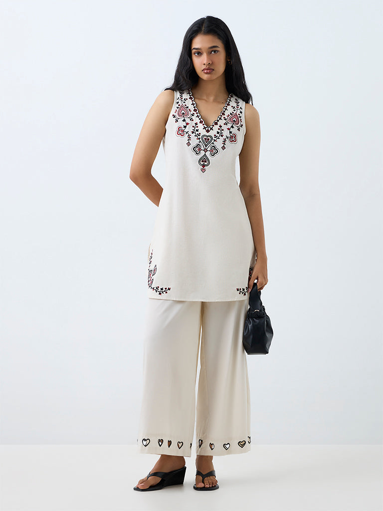 Utsa Off-White Heart Design Cotton Palazzos