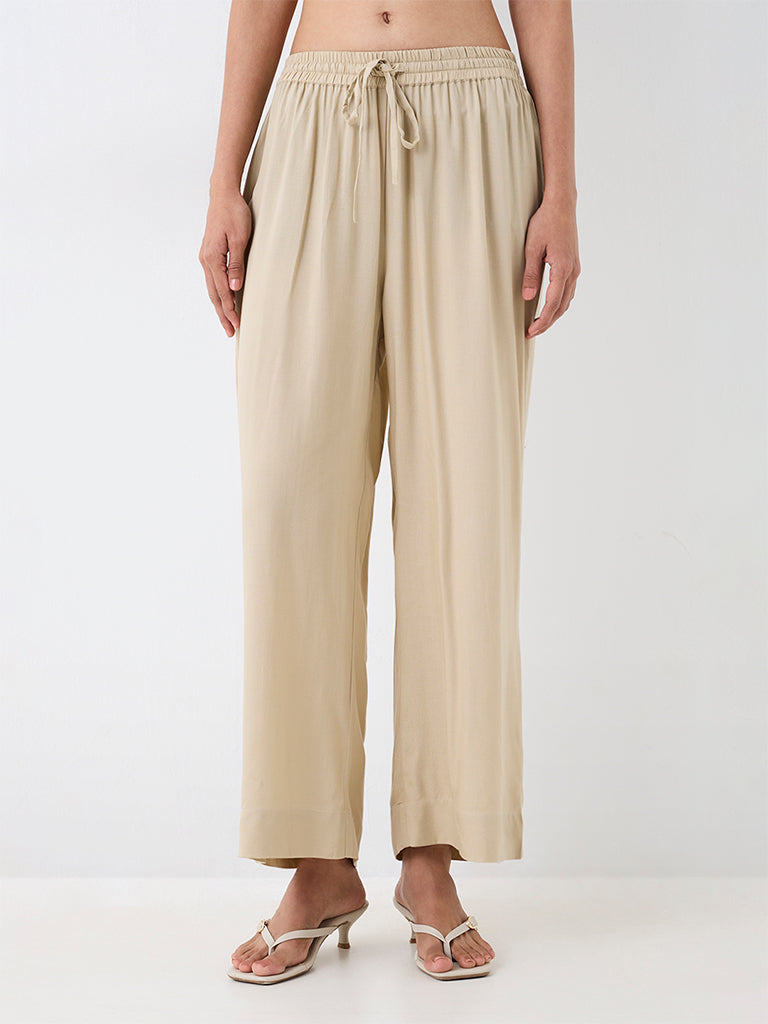 Utsa Light Beige Solid Cotton-Blend  Pants