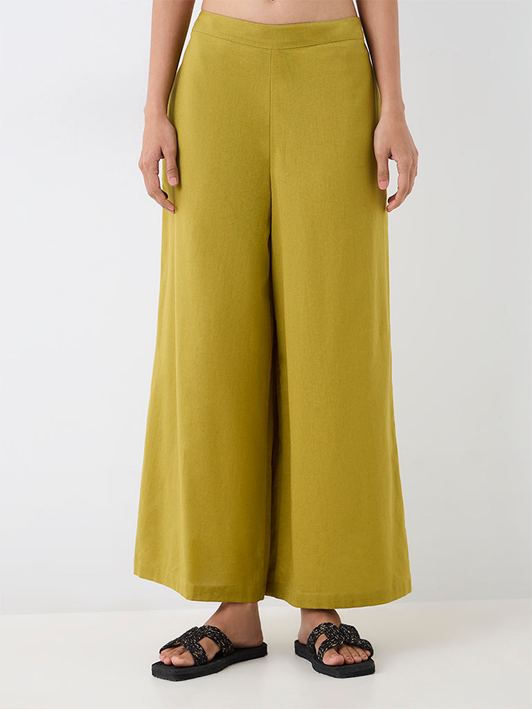 Utsa Lime Solid Cotton-Blend Palazzos