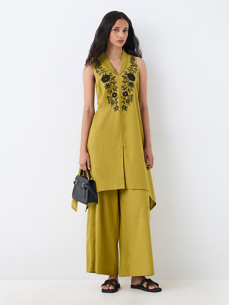 Utsa Lime Solid Cotton-Blend Palazzos