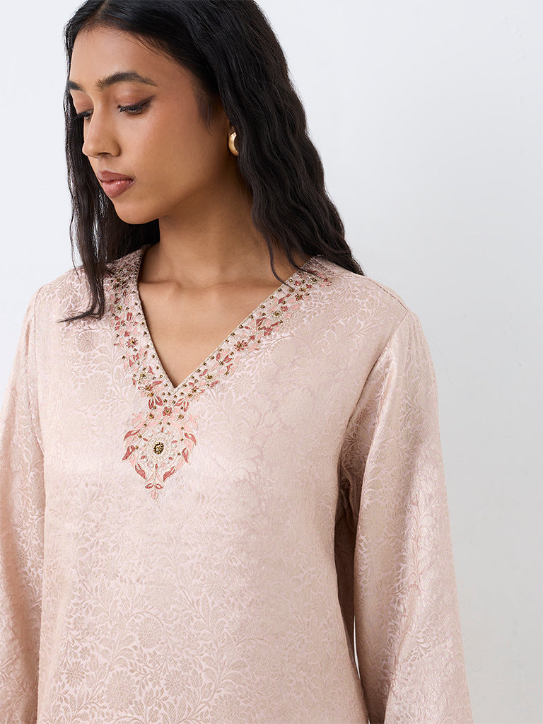 Zuba Light Pink Floral Brocade A-Line Kurta