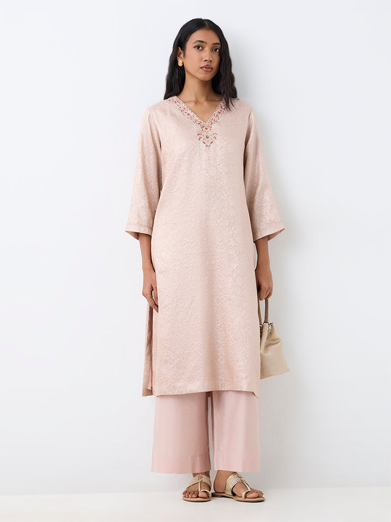 Zuba Light Pink Floral Brocade A-Line Kurta