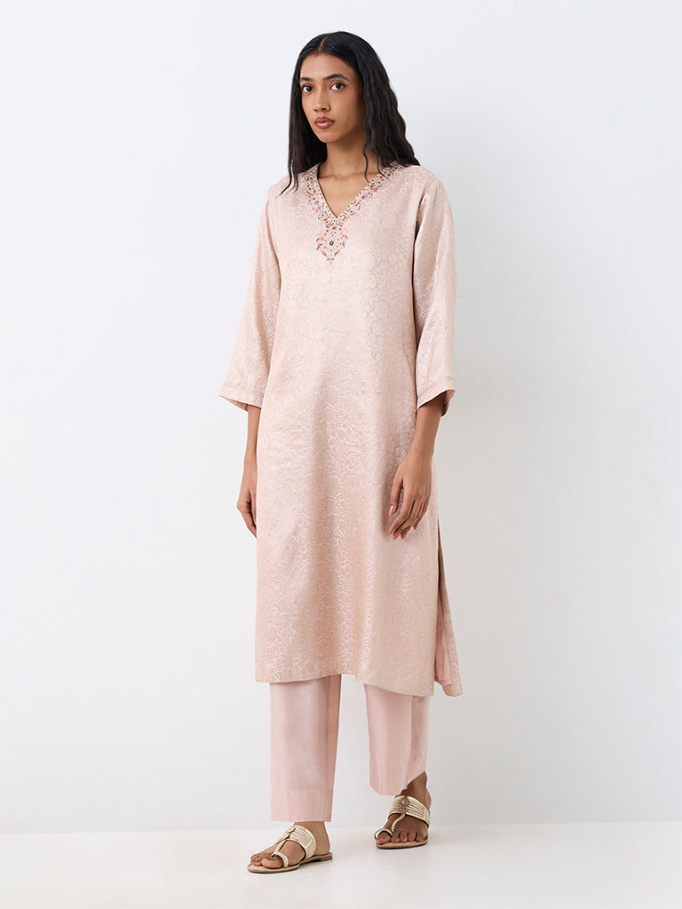 Zuba Light Pink Floral Brocade A-Line Kurta