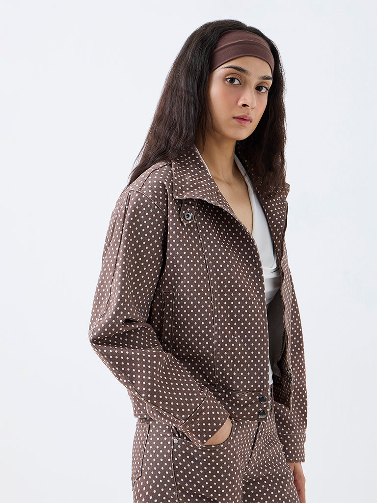 Nuon Brown Polka Dotted Denim Jacket