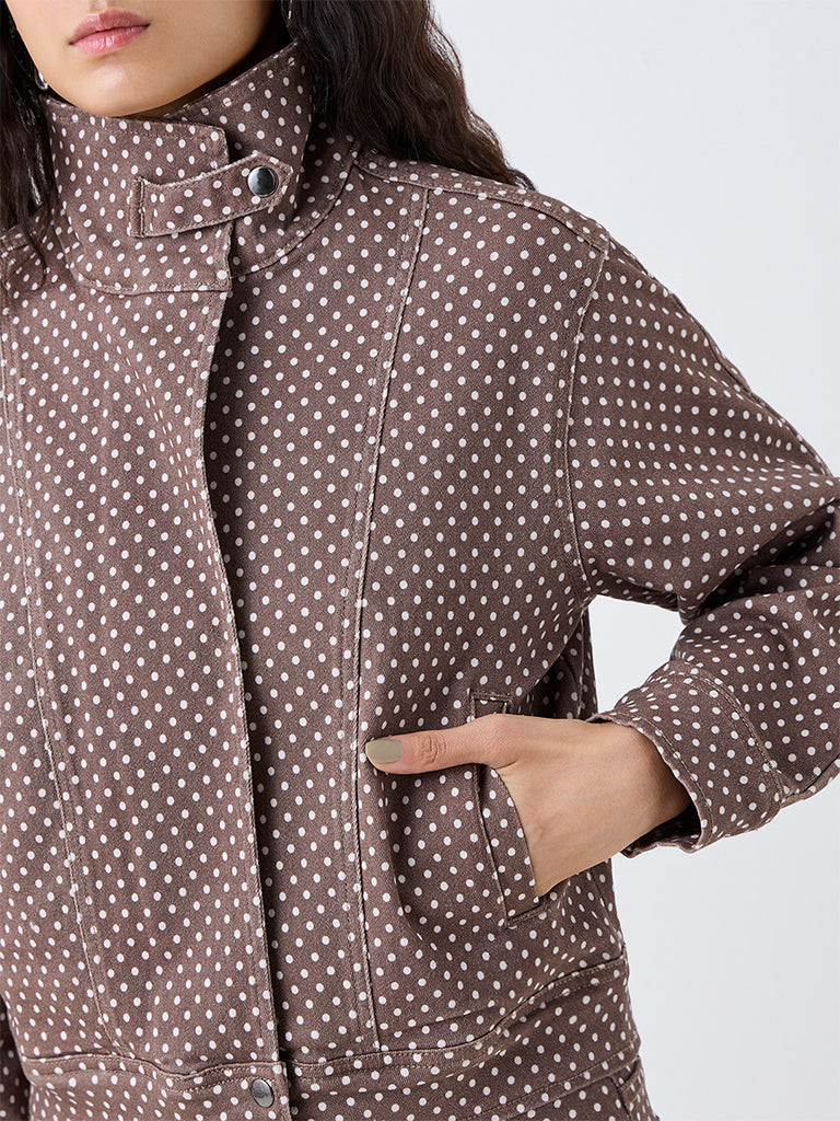 Nuon Brown Polka Dotted Denim Jacket