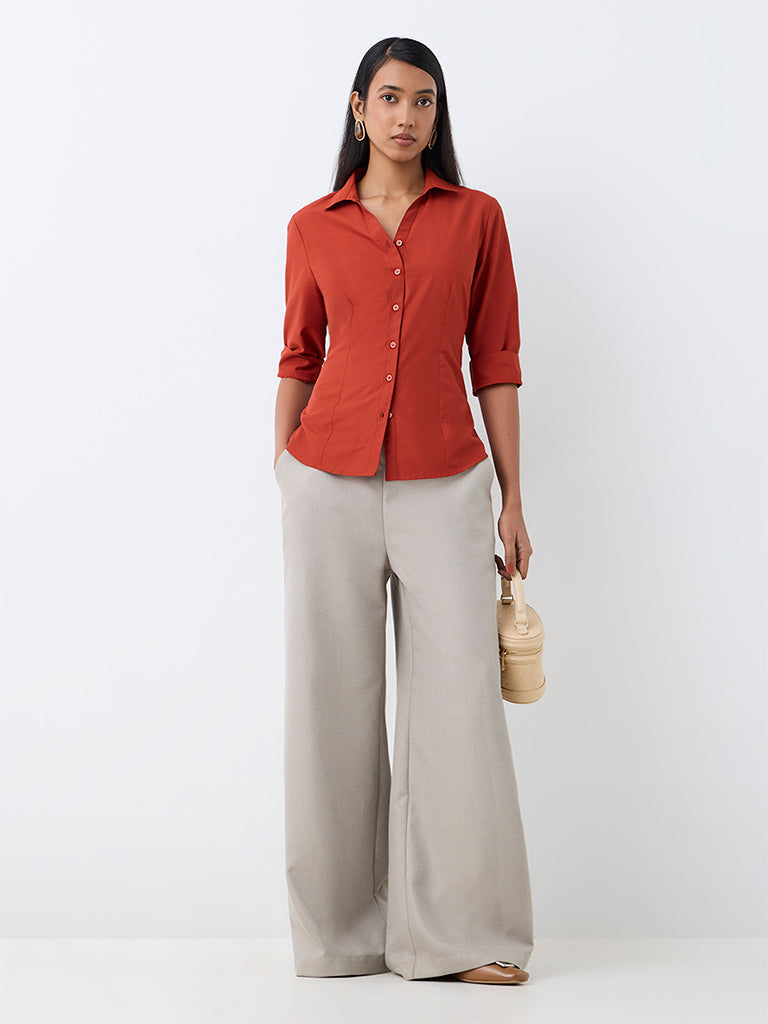 Wardrobe Rust Solid Cotton-Blend Shirt