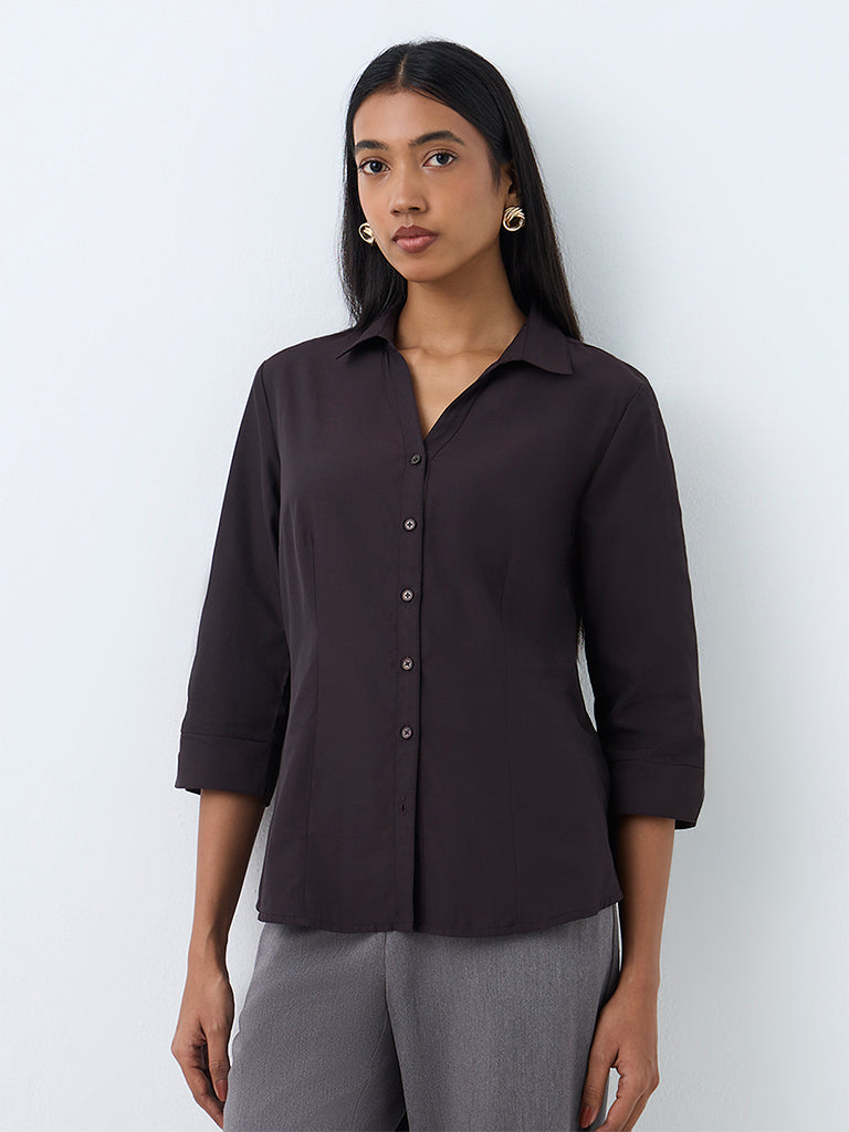 Wardrobe Dark Brown Solid Cotton-Blend Shirt