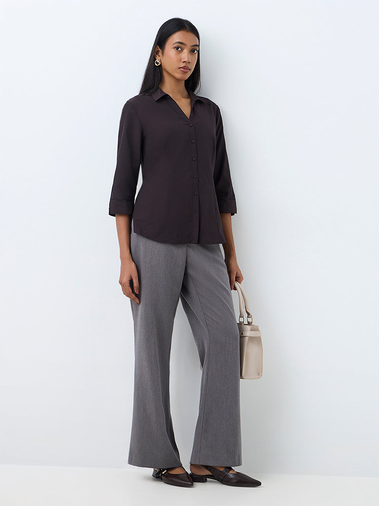 Wardrobe Dark Brown Solid Cotton-Blend Shirt