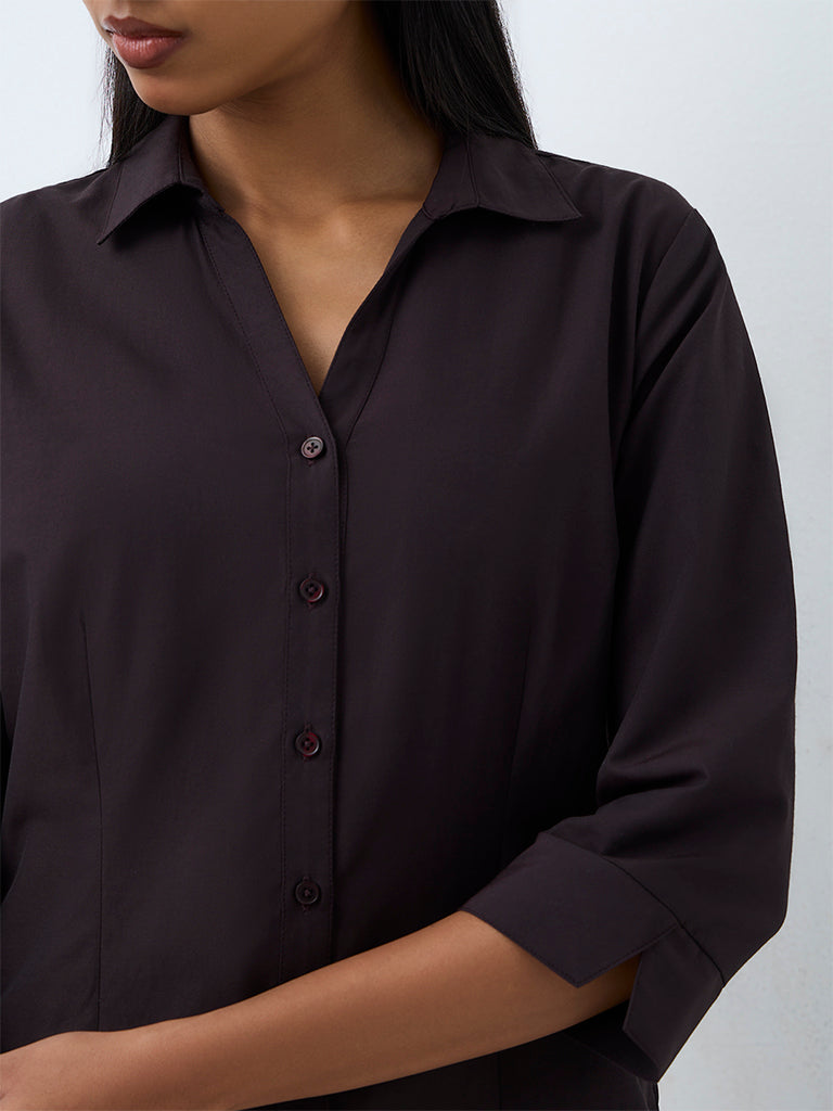 Wardrobe Dark Brown Solid Cotton-Blend Shirt