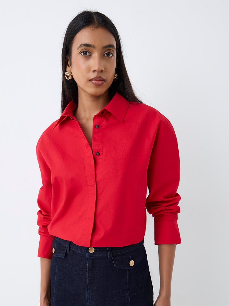 Wardrobe Red Solid Cotton Shirt