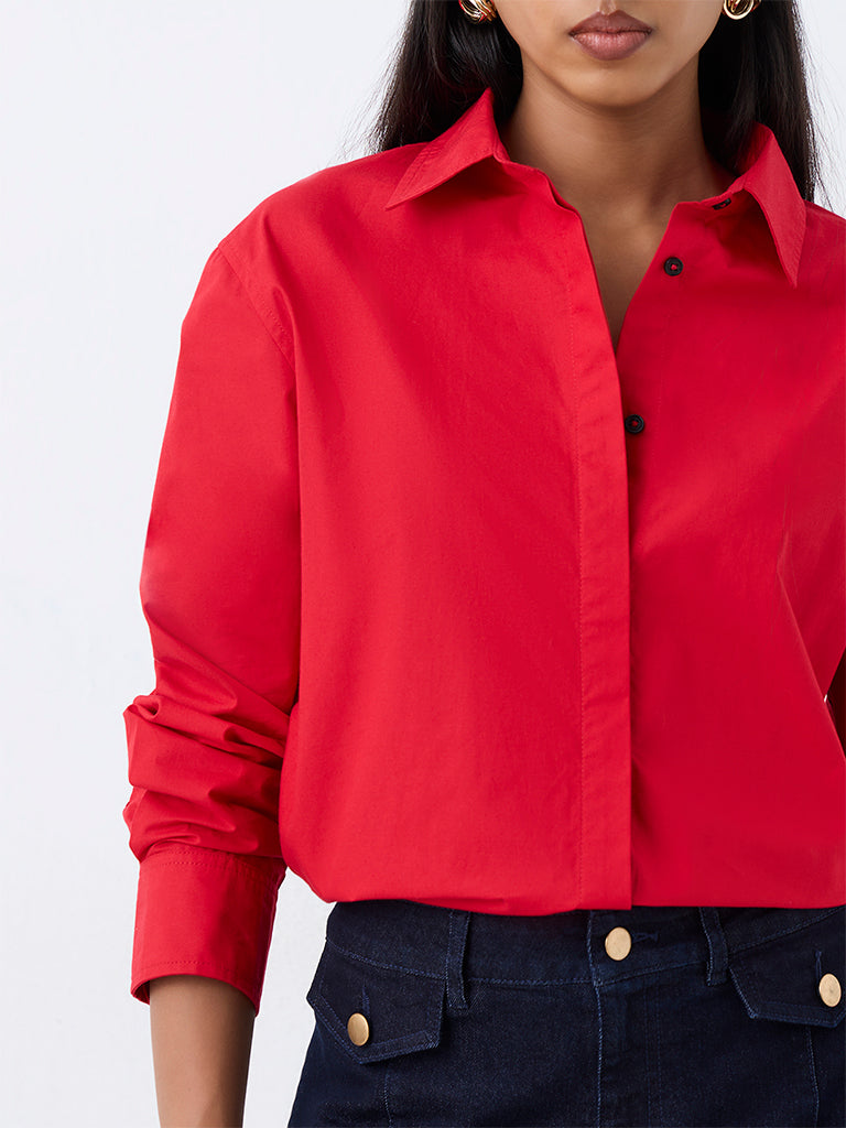 Wardrobe Red Solid Cotton Shirt