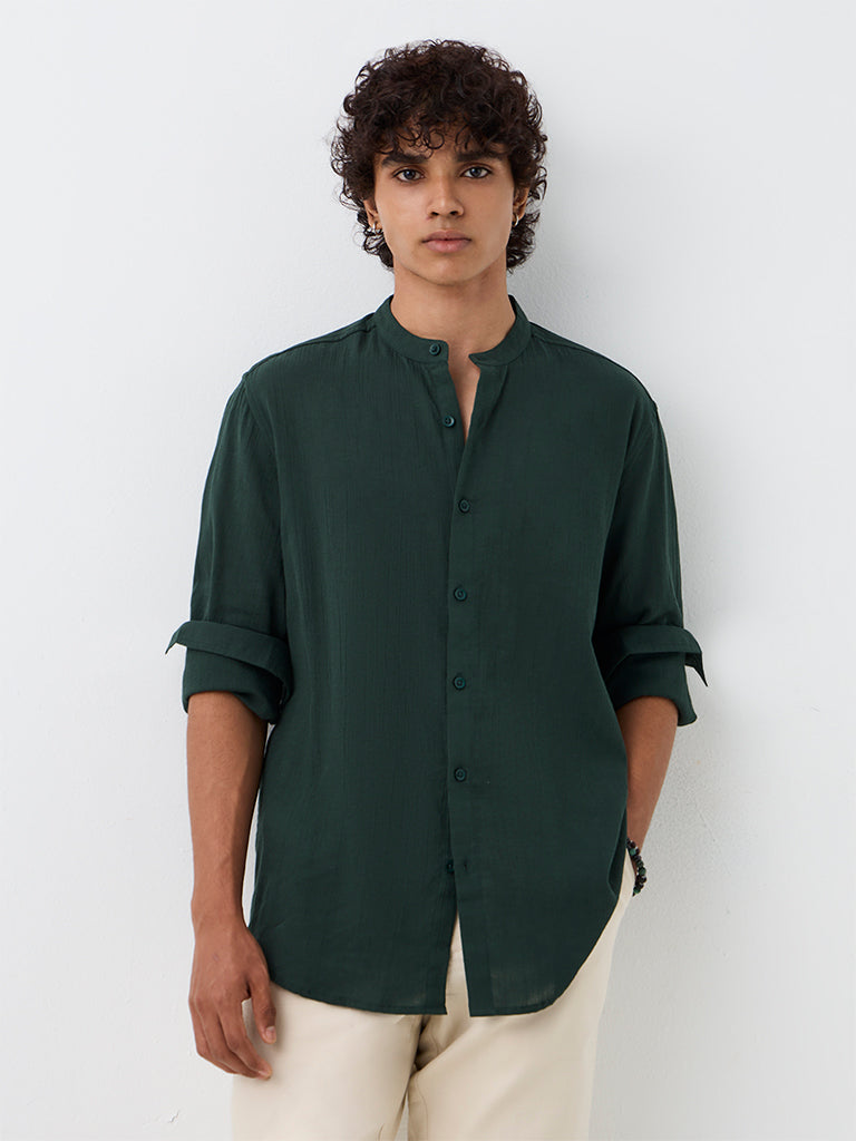 ETA Dark Green Crinkle-Textured Relaxed-Fit Cotton Shirt