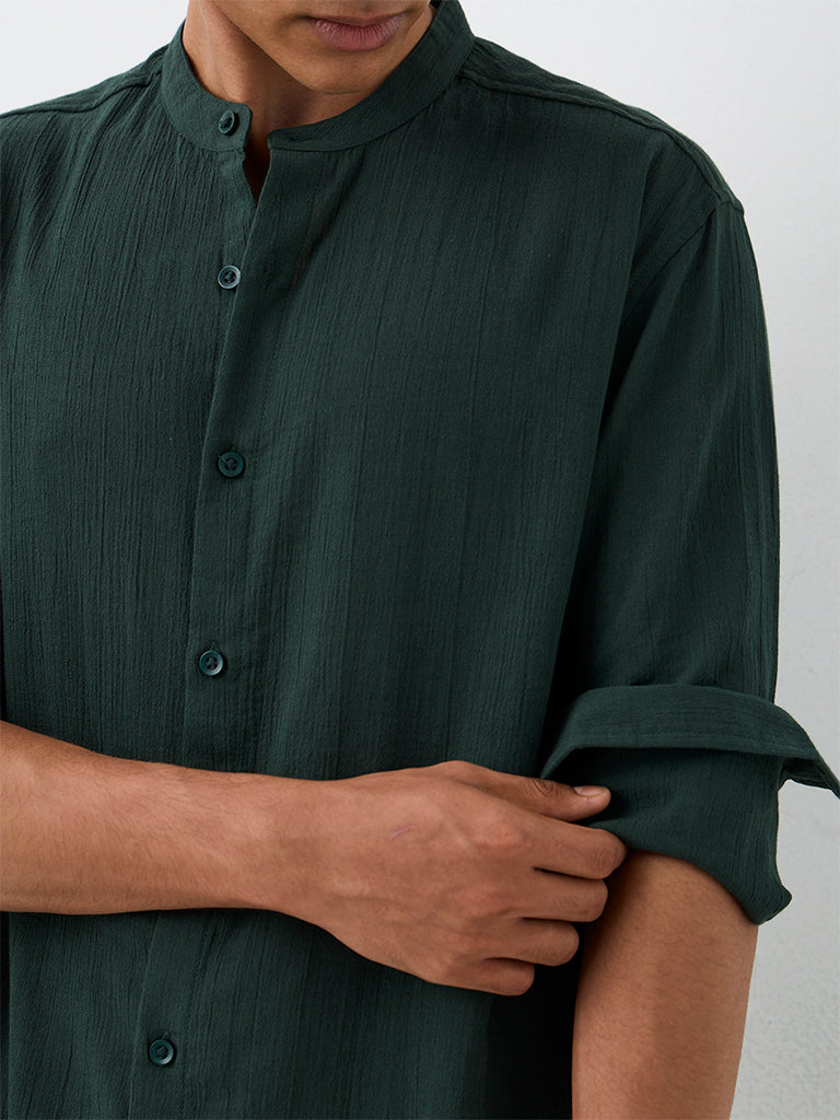 ETA Dark Green Crinkle-Textured Relaxed-Fit Cotton Shirt
