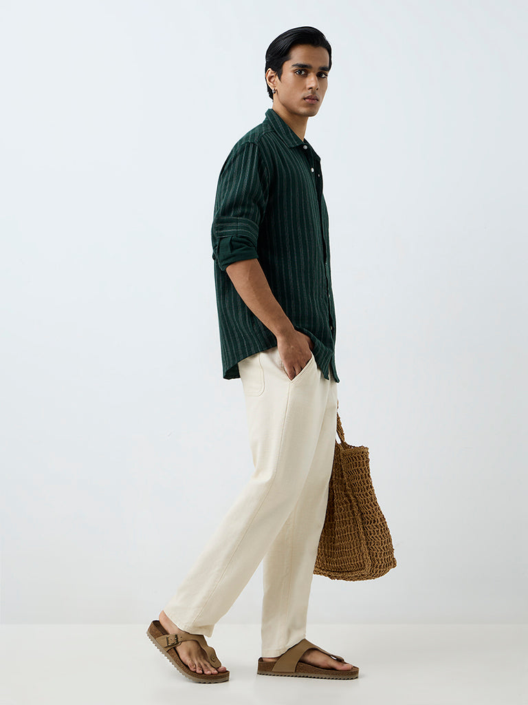 ETA Dark Green Striped Pattern Relaxed-Fit Cotton Shirt