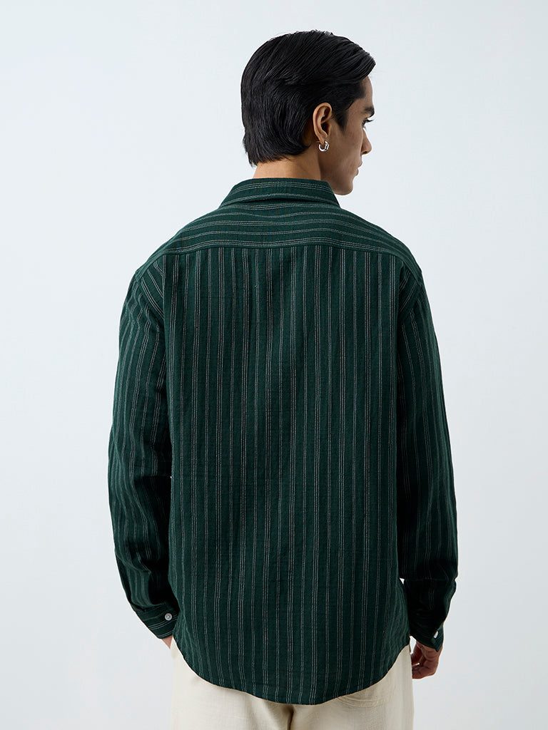 ETA Dark Green Striped Pattern Relaxed-Fit Cotton Shirt